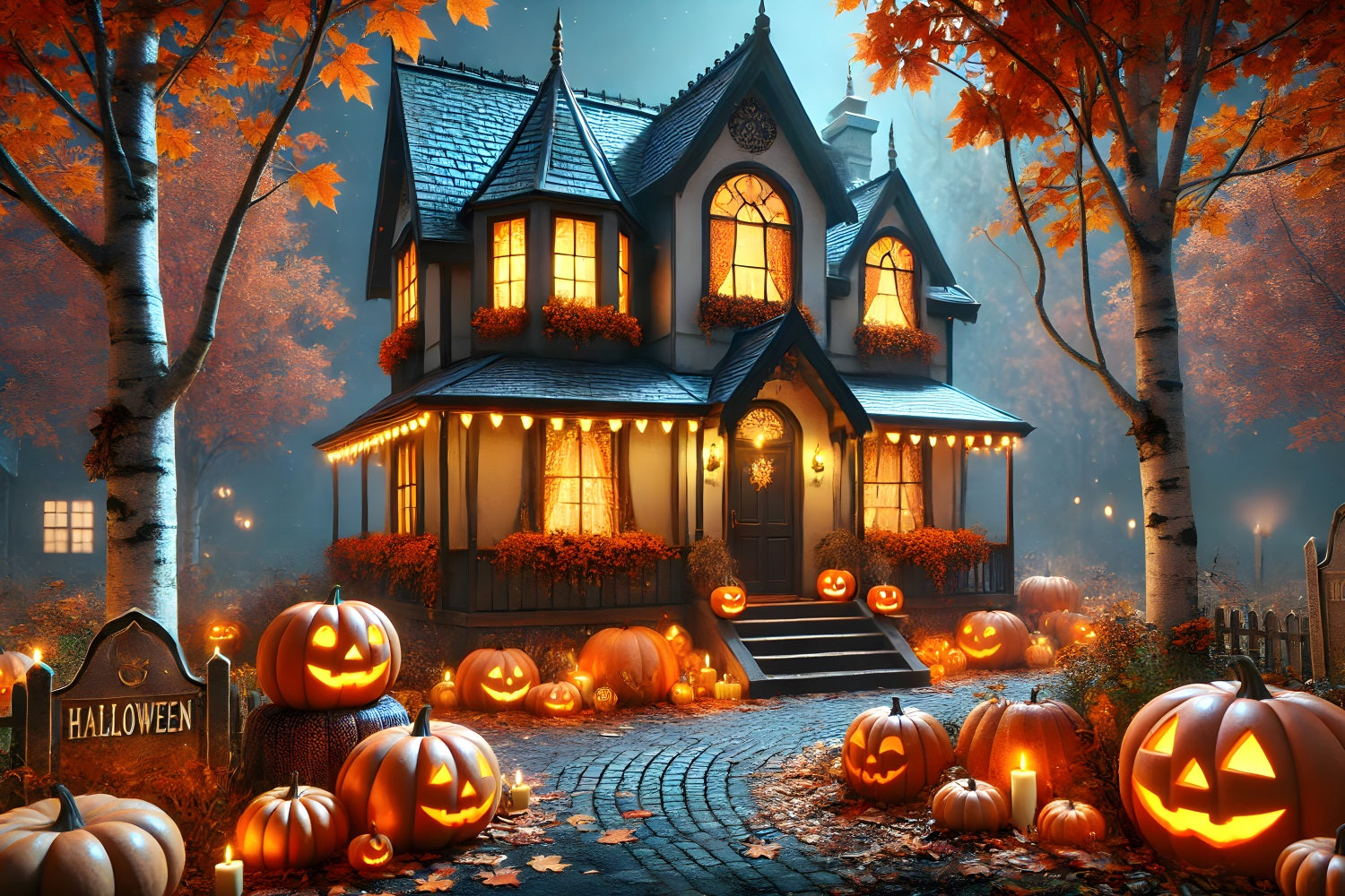 Halloween-Kürbislaternen Gemütliche Landhaus-Kulisse RR7-297