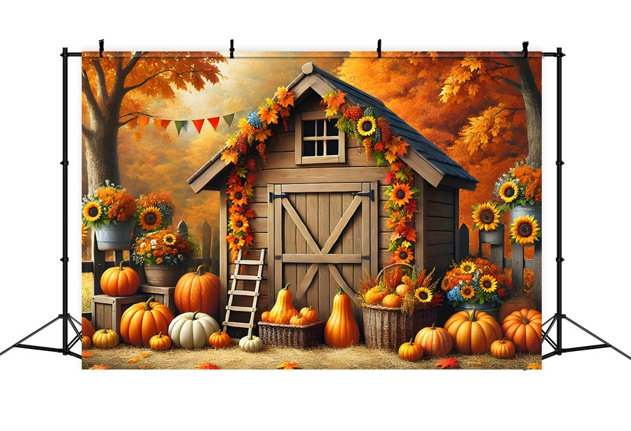 Herbstliche Scheune mit Kürbissen und Sonnenblumen Hintergrund RR7-301
