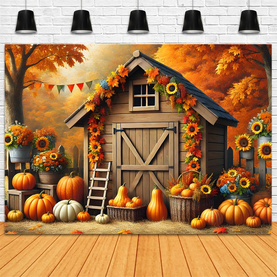 Herbstliche Scheune mit Kürbissen und Sonnenblumen Hintergrund RR7-301