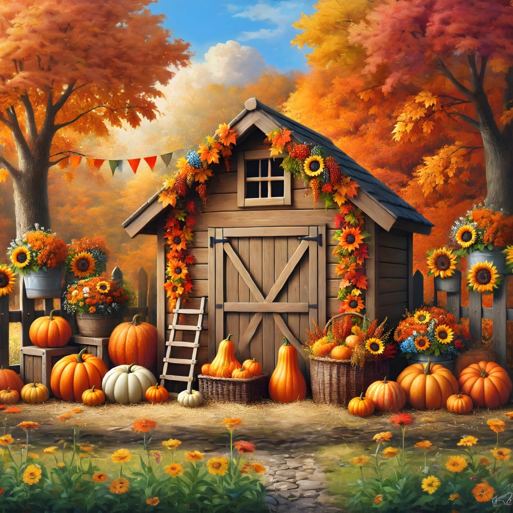 Herbstliche Scheune mit Kürbissen und Sonnenblumen Hintergrund RR7-301