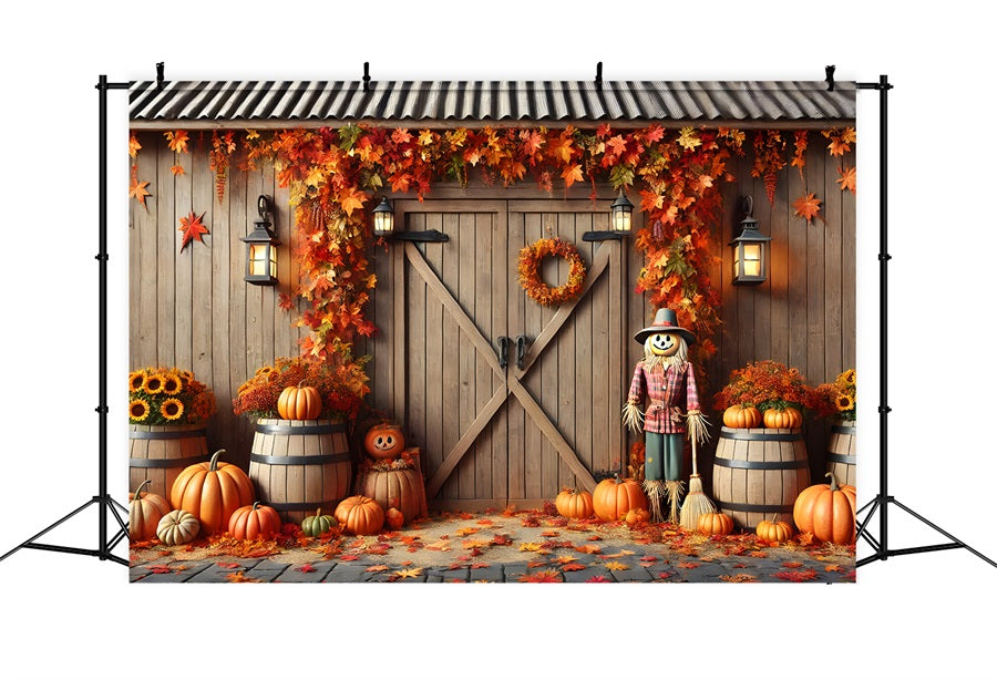 Herbstliche Scheunentür mit Kürbissen und Vogelscheuche RR7-302