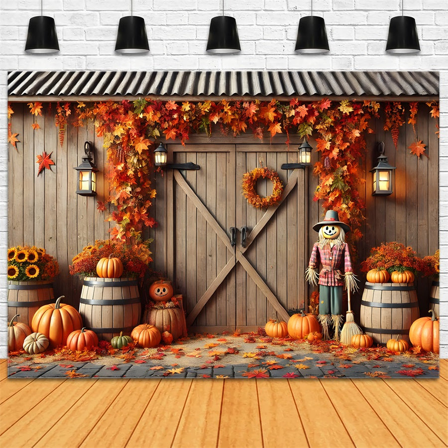 Herbstliche Scheunentür mit Kürbissen und Vogelscheuche RR7-302