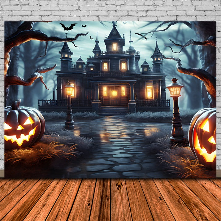 Spukhaus Kürbislaternen Halloween-Hintergrund RR7-307