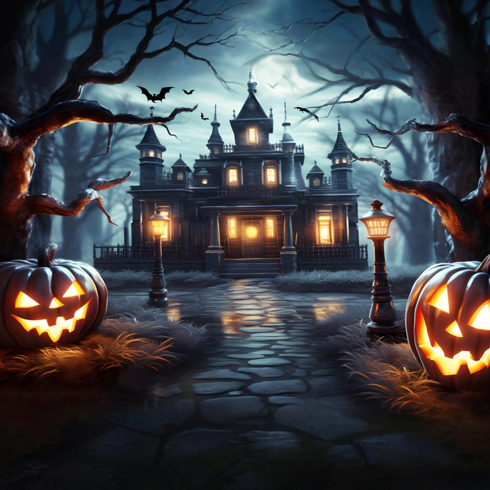 Spukhaus Kürbislaternen Halloween-Hintergrund RR7-307