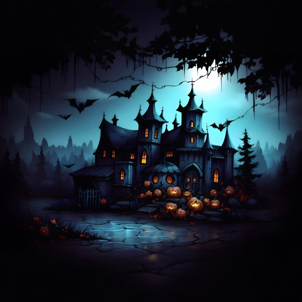 Gothic Haunted Mansion mit Jack-O'-Lanterns Fledermäusen Hintergrund RR7-316