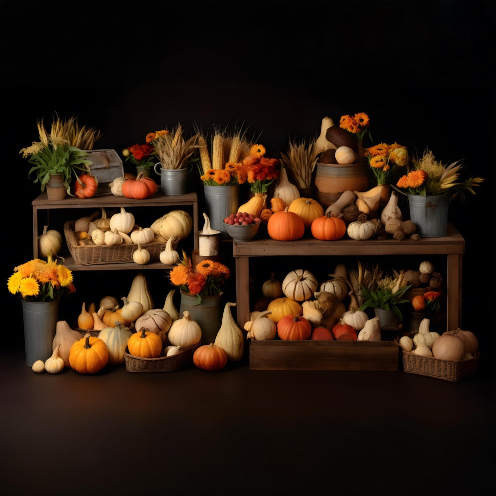 Herbstliche Ernte mit Kürbissen und Kürbissen als Kulisse RR7-320