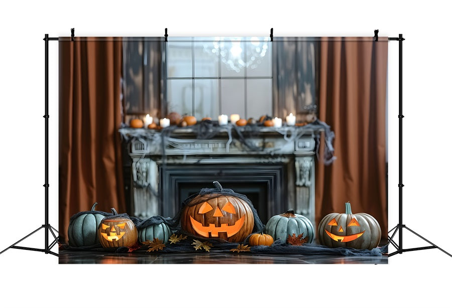 Halloween Spukkamin mit leuchtenden Kürbissen Kulisse RR7-323