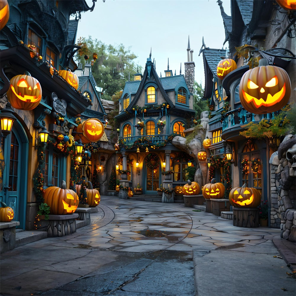 Halloween Enchanted Village mit Kürbislaternen Hintergrund RR7-333