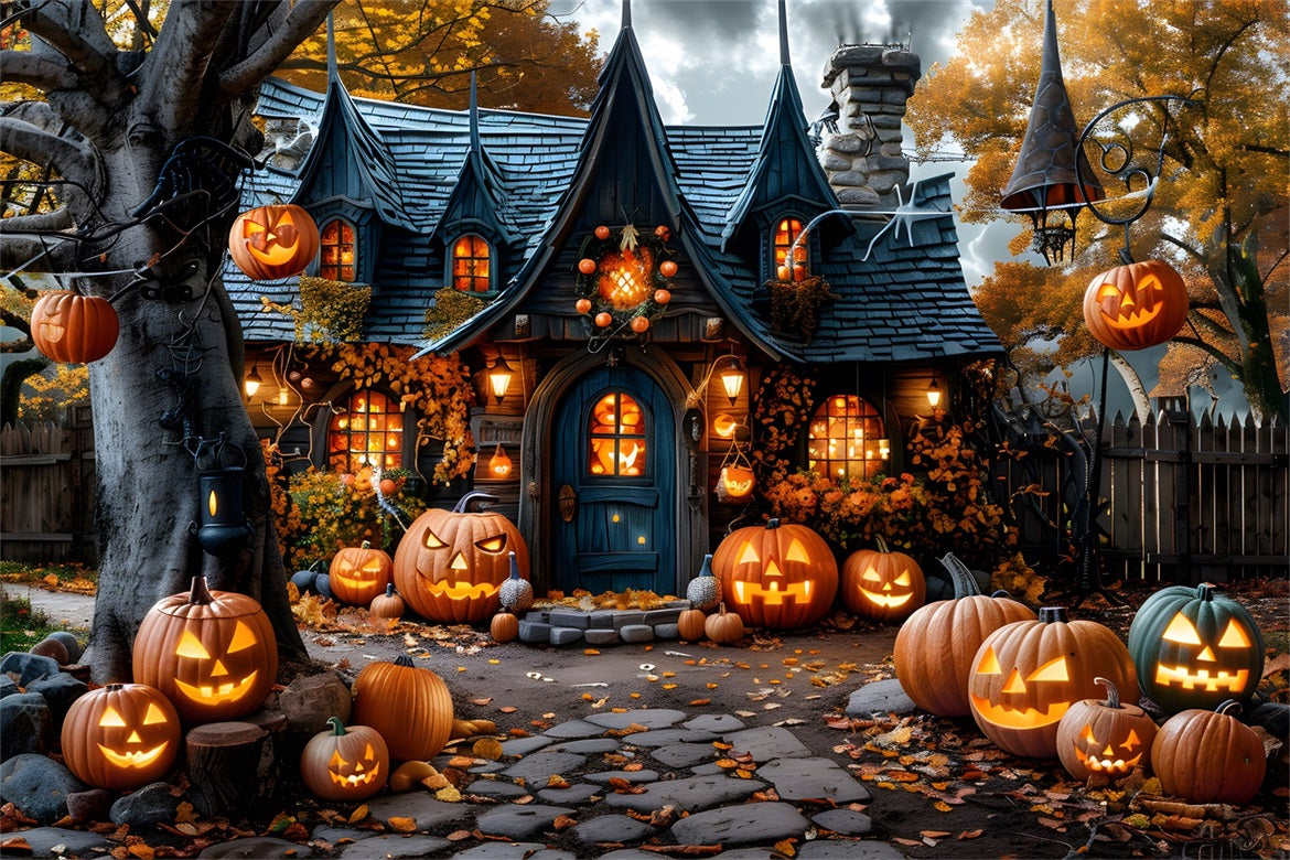 Halloween Verzaubertes Dorf mit Kürbislaternen Hintergrund RR7-335