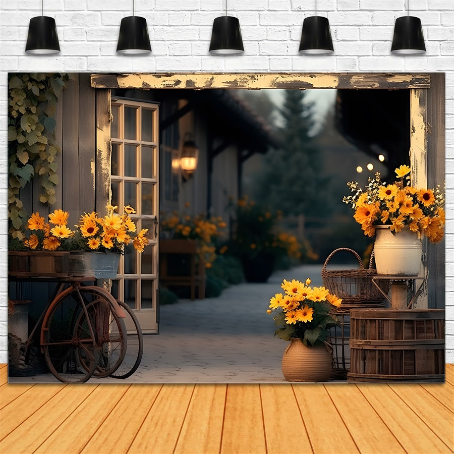 Herbstliches Bauernhaus mit Sonnenblumen Hintergrund RR7-339