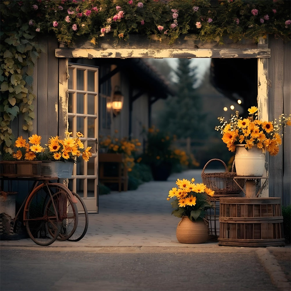 Herbstliches Bauernhaus mit Sonnenblumen Hintergrund RR7-339