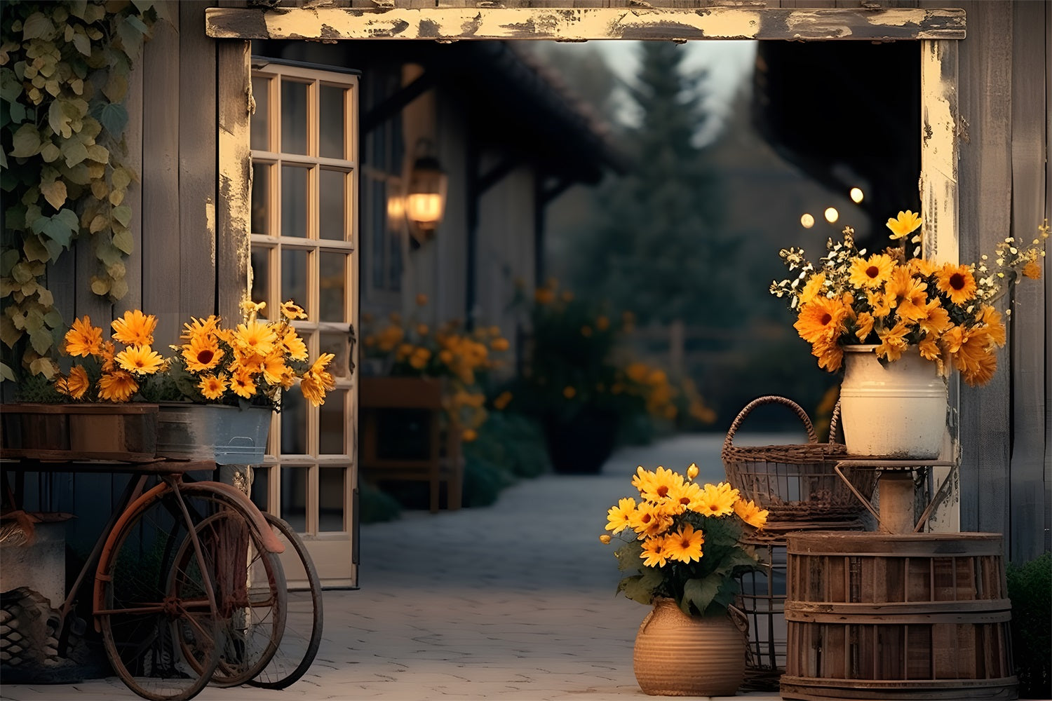 Herbstliches Bauernhaus mit Sonnenblumen Hintergrund RR7-339