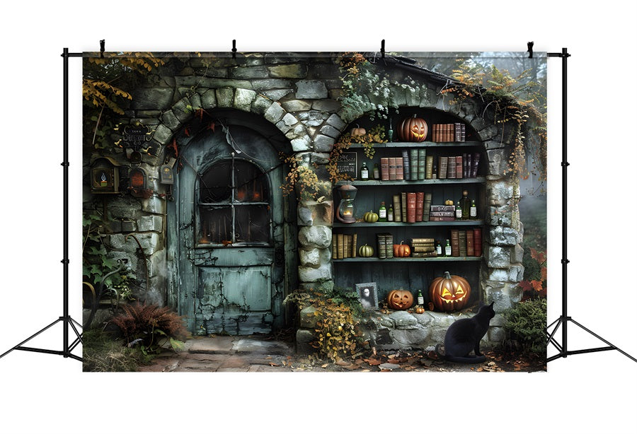 Halloween-Hexenhaus mit Zaubertrankbüchern als Hintergrund RR7-347