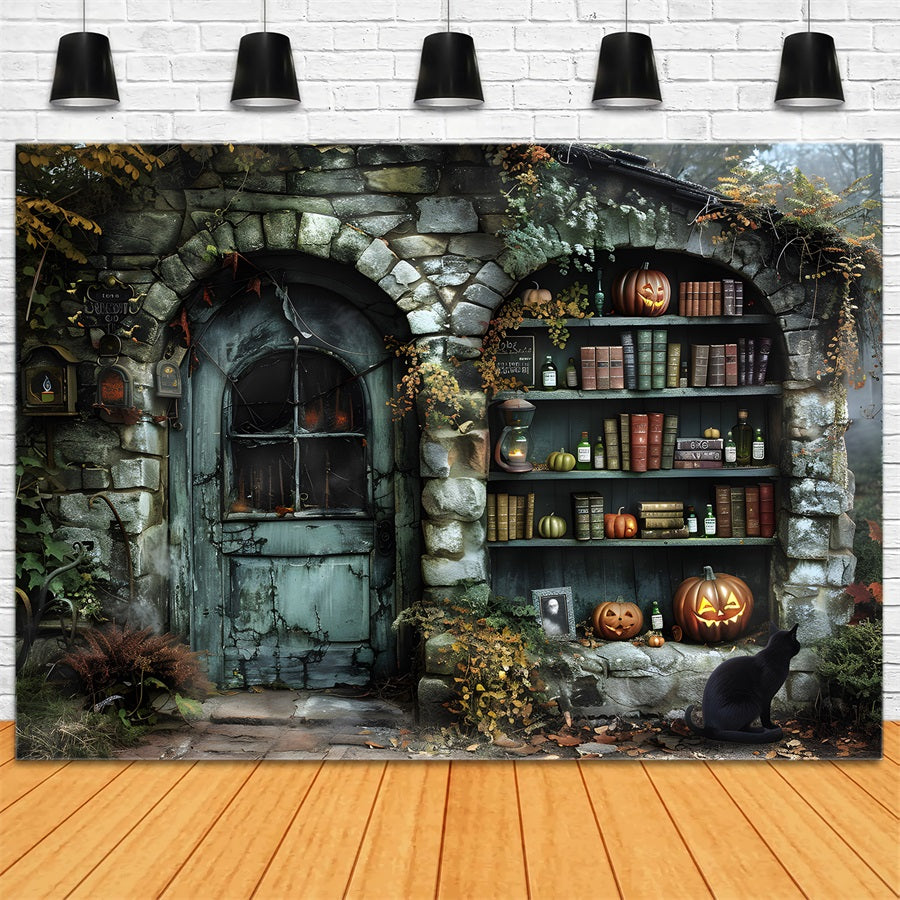 Halloween-Hexenhaus mit Zaubertrankbüchern als Hintergrund RR7-347