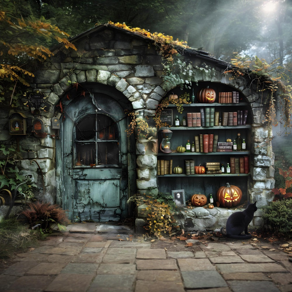 Halloween-Hexenhaus mit Zaubertrankbüchern als Hintergrund RR7-347