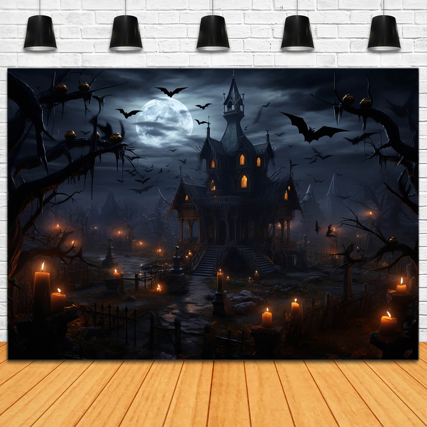 Halloween Spukschloss Fledermäuse Kerzen Backdrop RR7-35
