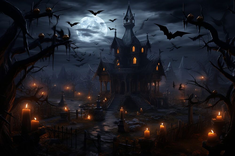 Halloween Spukschloss Fledermäuse Kerzen Backdrop RR7-35