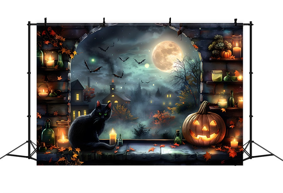 Halloween Moonlit Village Schwarze Katzenlaternen Hintergrund RR7-360