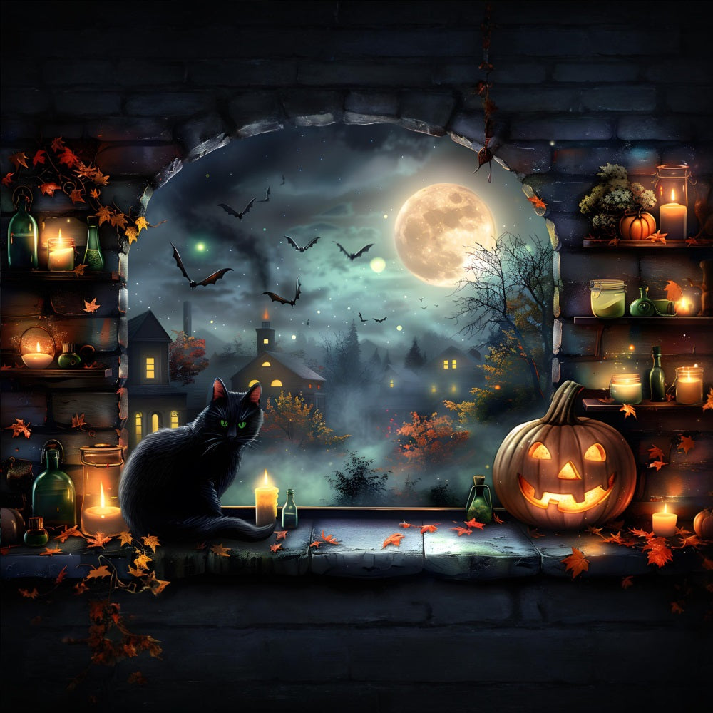 Halloween Moonlit Village Schwarze Katzenlaternen Hintergrund RR7-360
