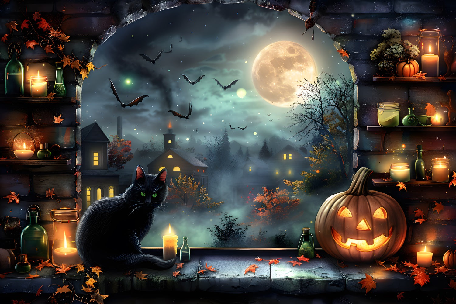Halloween Moonlit Village Schwarze Katzenlaternen Hintergrund RR7-360