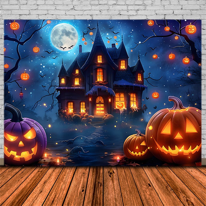 Halloween Verzaubertes Dorf Mitternachts-Mondlicht Hintergrund RR7-363