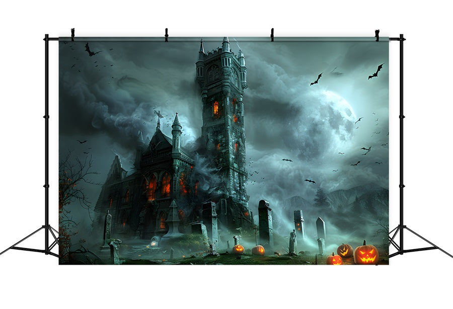 Halloween Gotisches Schloss mit Kürbis-Friedhof Hintergrund RR7-372