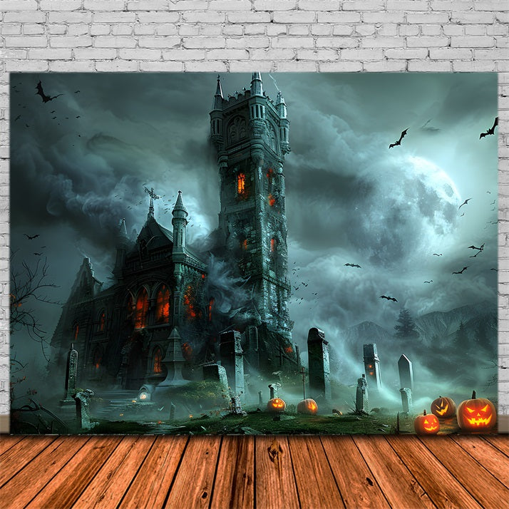 Halloween Gotisches Schloss mit Kürbis-Friedhof Hintergrund RR7-372