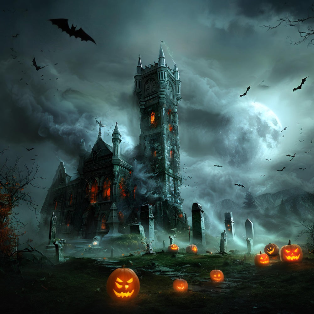 Halloween Gotisches Schloss mit Kürbis-Friedhof Hintergrund RR7-372