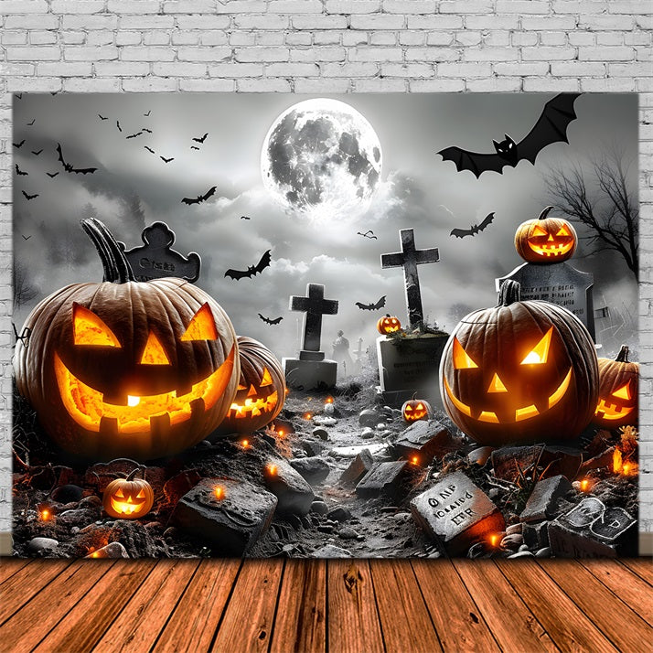 Halloween Friedhof leuchtende Jack-o'-Lanterns Fledermäuse Kulisse RR7-379