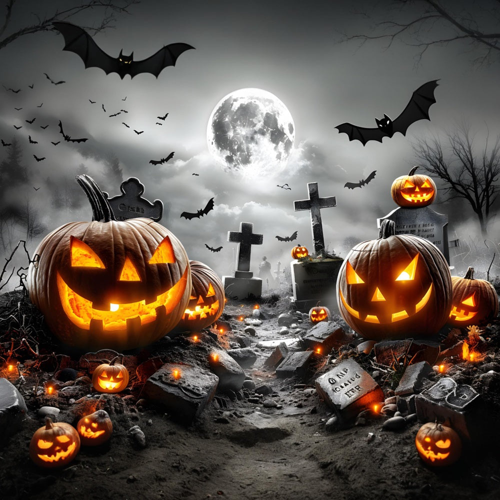Halloween Friedhof leuchtende Jack-o'-Lanterns Fledermäuse Kulisse RR7-379