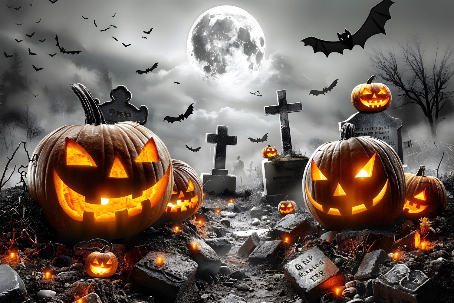 Halloween Friedhof leuchtende Jack-o'-Lanterns Fledermäuse Kulisse RR7-379