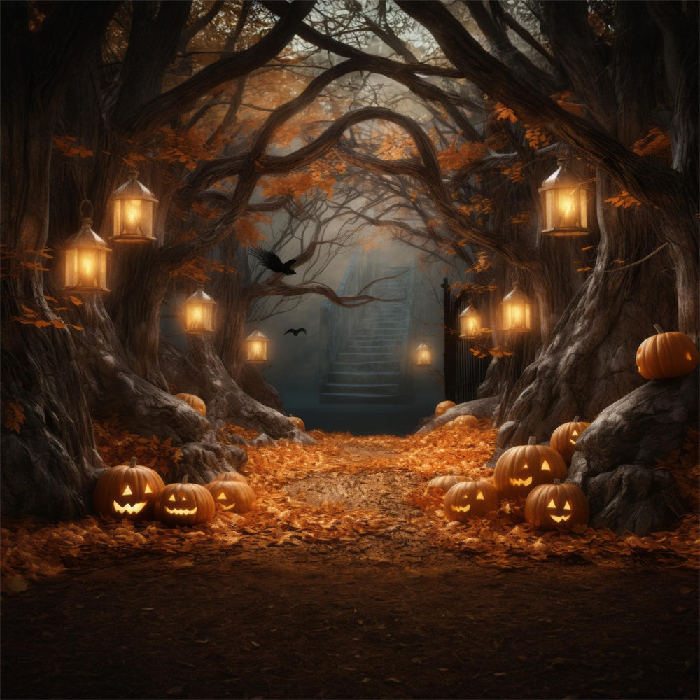 Kürbislaternen Großer Baum Halloween-Hintergrund RR7-386
