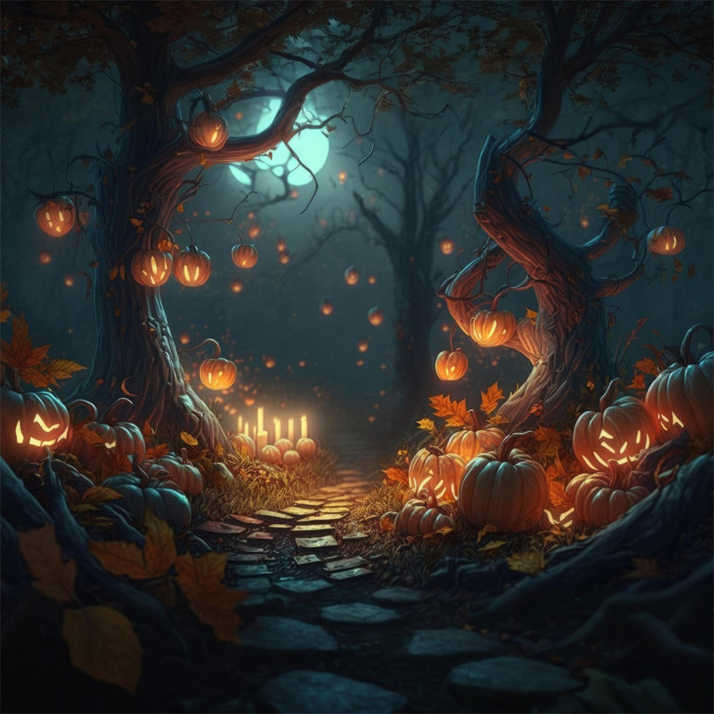 Halloween Wald Nacht Kürbisse Kerzen Hintergrund RR7-387