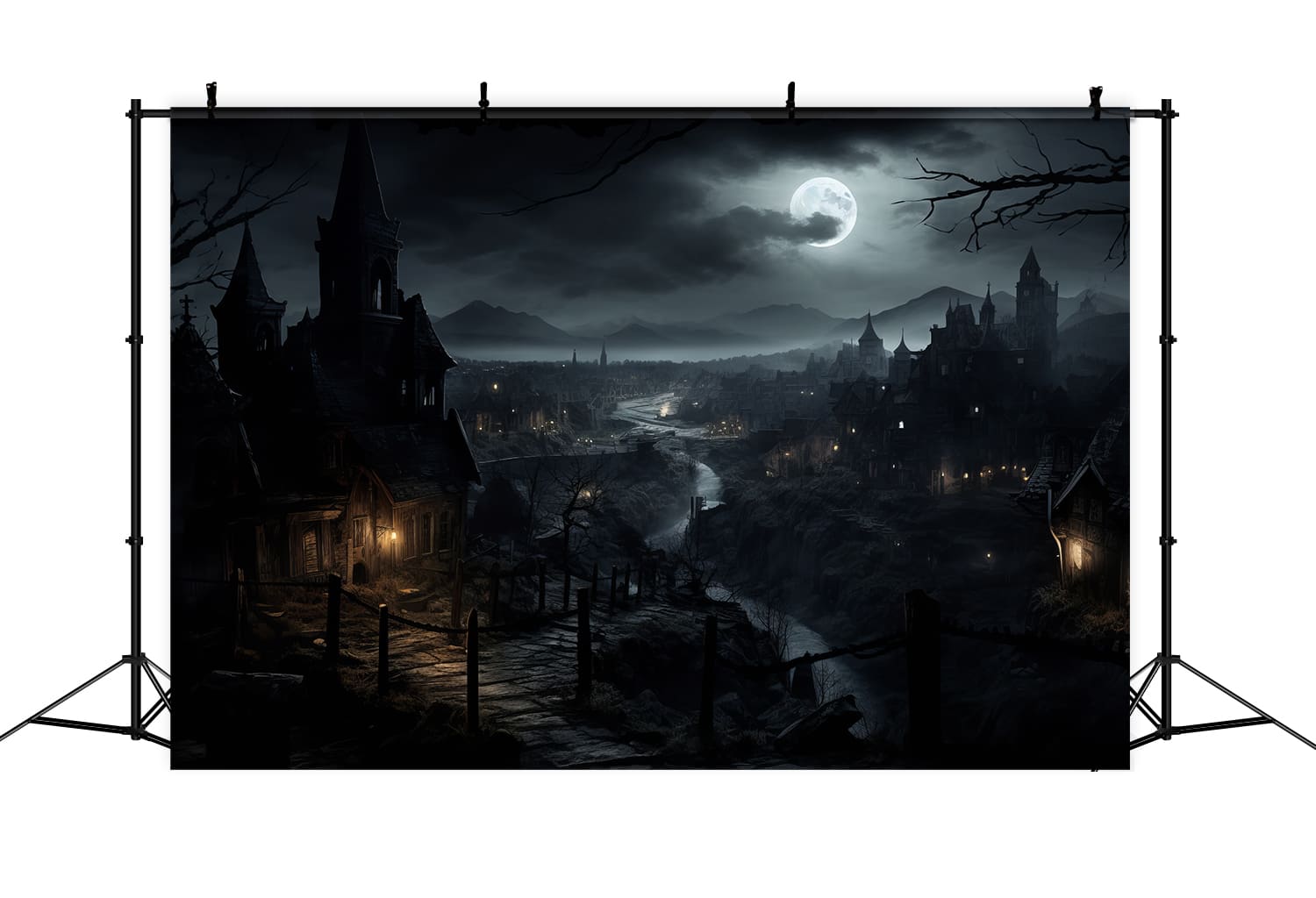 Halloween Nacht Gruselige Häuser Fotografie Hintergrund RR7-39