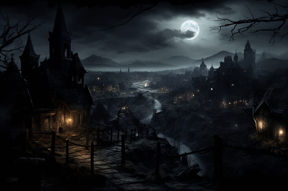 Halloween Nacht Gruselige Häuser Fotografie Hintergrund RR7-39