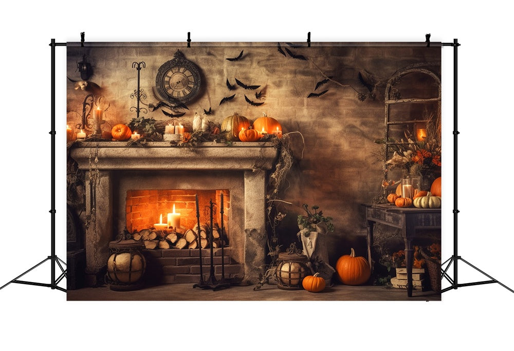 Halloween Alte Feuerstelle Kürbisse Fledermäuse Hintergrund RR7-393