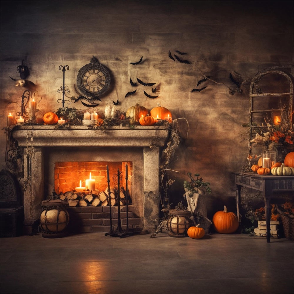 Halloween Alte Feuerstelle Kürbisse Fledermäuse Hintergrund RR7-393