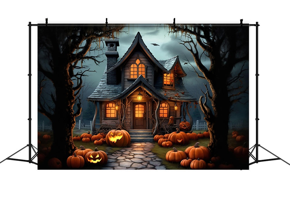 Gespenstische Halloween Waldhaus Kürbisse Hintergrund RR7-395