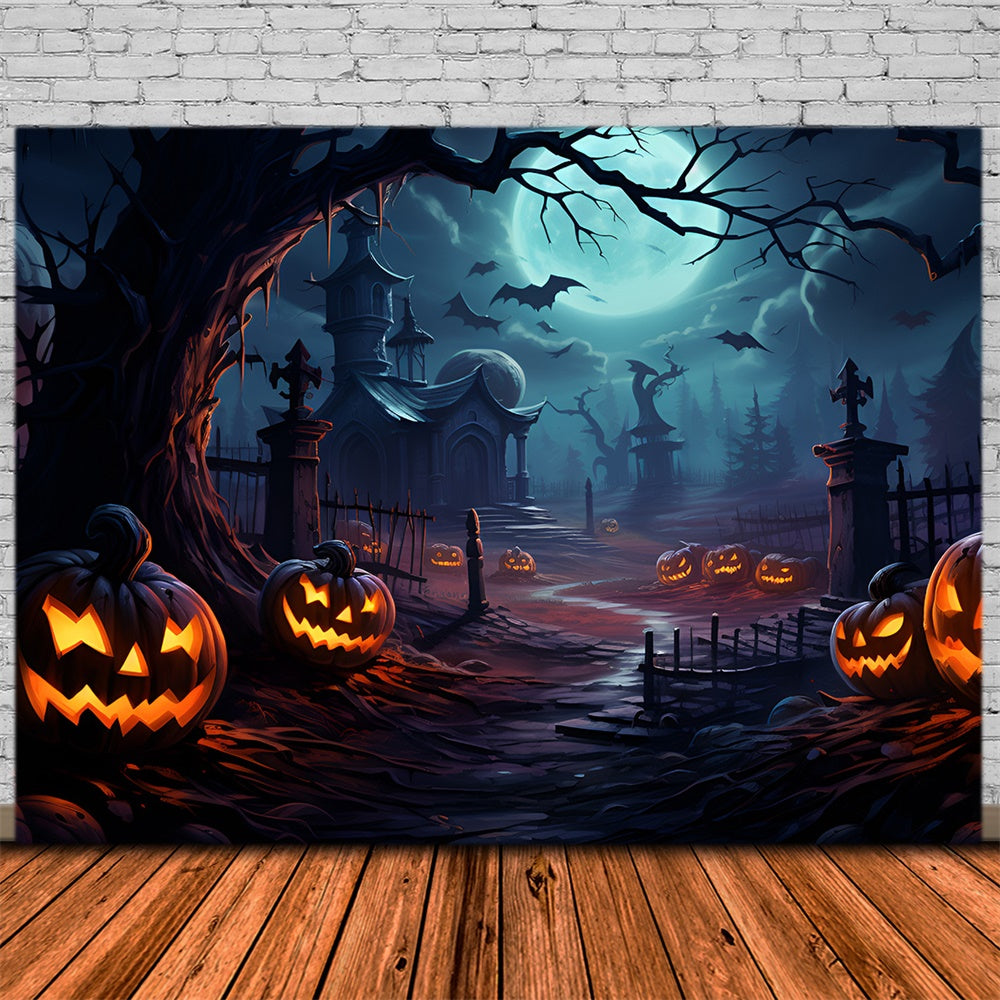 Halloween Gruseliger Friedhof Kürbis Fledermäuse Backdrop RR7-415