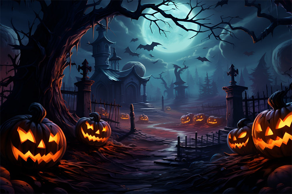 Halloween Gruseliger Friedhof Kürbis Fledermäuse Backdrop RR7-415