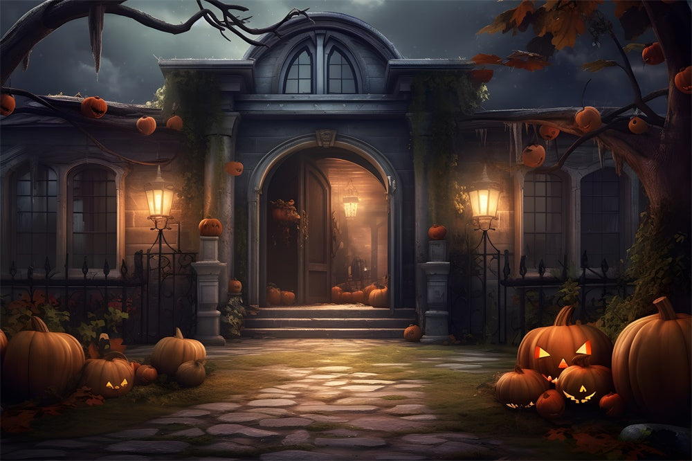 Gespenstische Halloween-Villa Kürbisse Hintergrund RR7-429