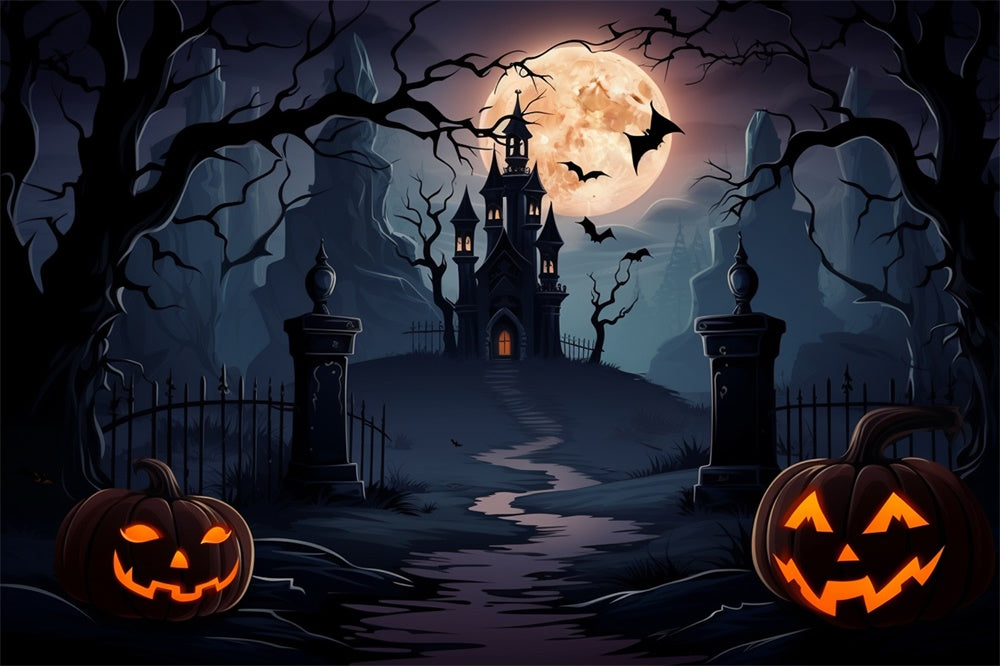 Gespenstisches Schloss Vollmond Fledermäuse Halloween Kulisse RR7-438