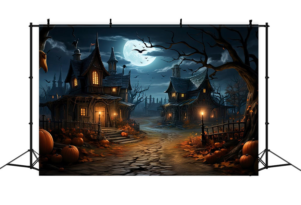 Halloween Mondnacht Häuser Kürbis Backdrop RR7-447