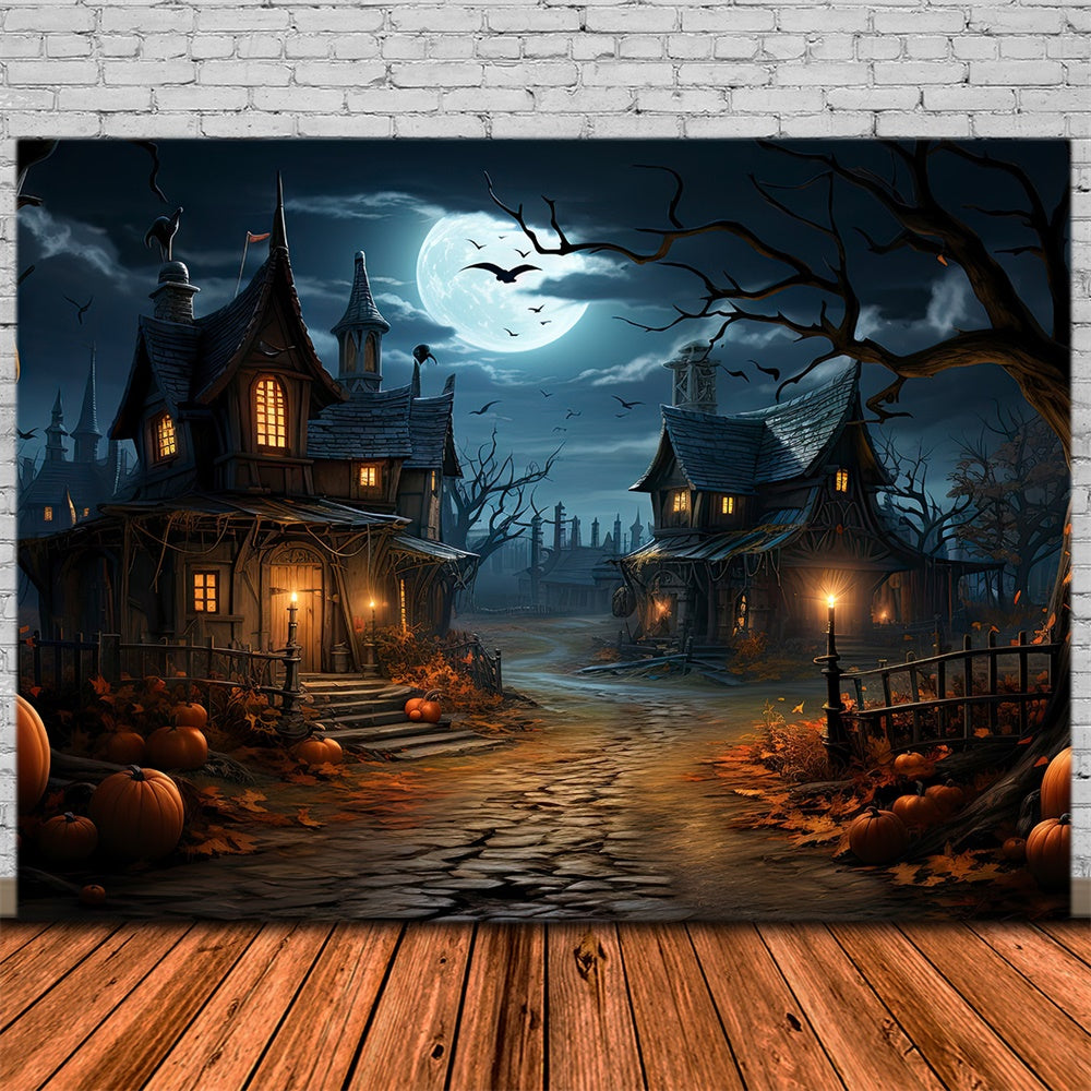 Halloween Mondnacht Häuser Kürbis Backdrop RR7-447