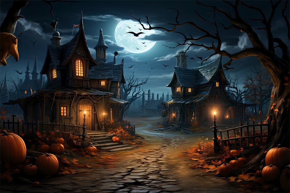 Halloween Mondnacht Häuser Kürbis Backdrop RR7-447