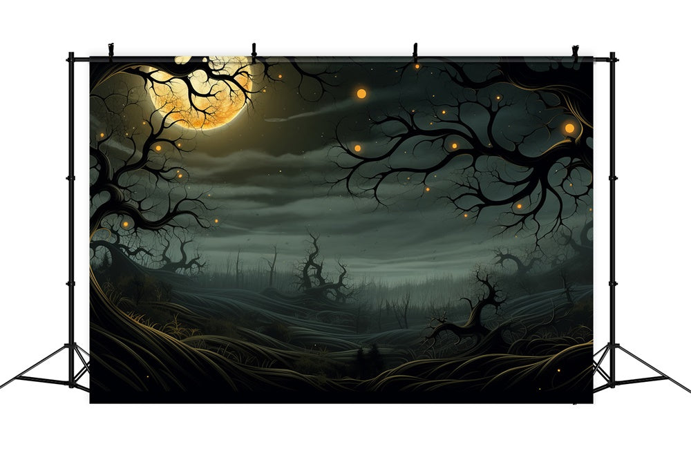 Halloween Mondschein-Friedhof Glühende Bäume Hintergrund RR7-448