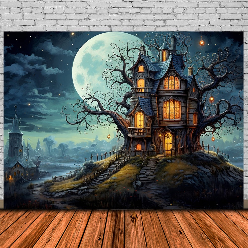 Halloween Vollmond-Haus-Friedhof-Kulisse RR7-449