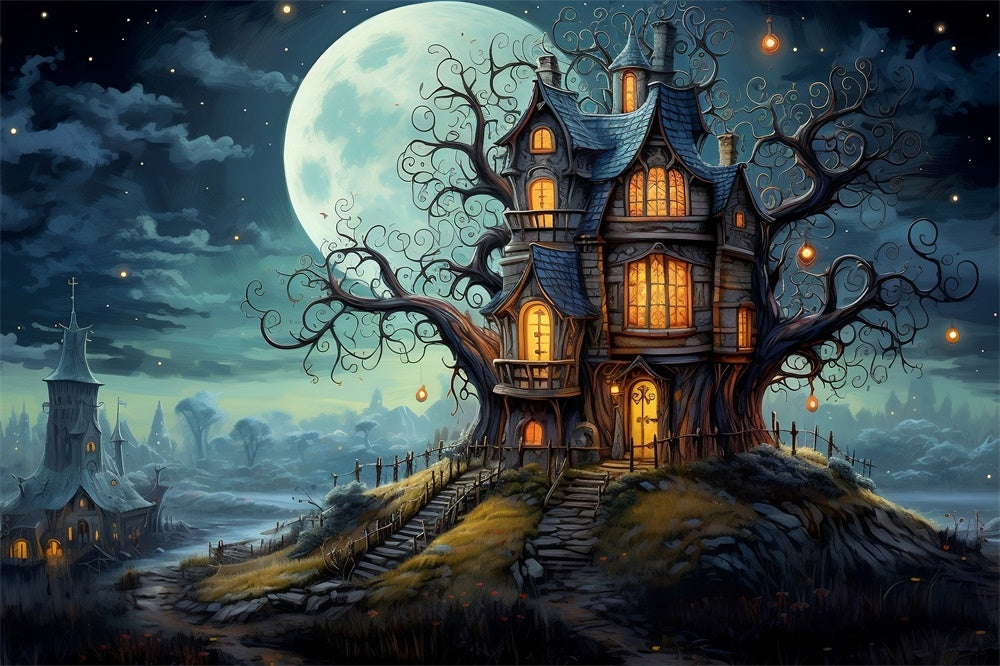 Halloween Vollmond-Haus-Friedhof-Kulisse RR7-449