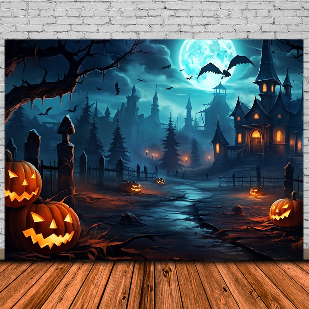 Gespenstische Halloween Wald Kürbis Fledermäuse Hintergrund RR7-450