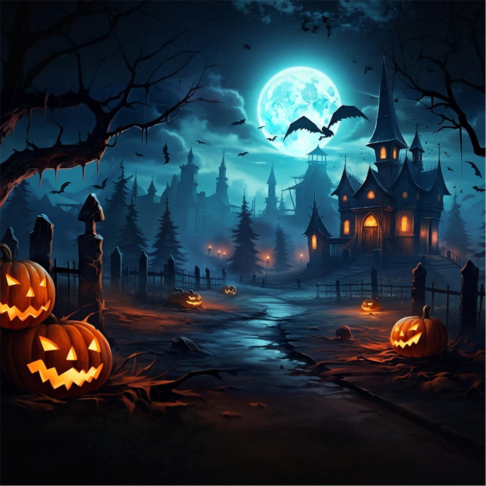Gespenstische Halloween Wald Kürbis Fledermäuse Hintergrund RR7-450